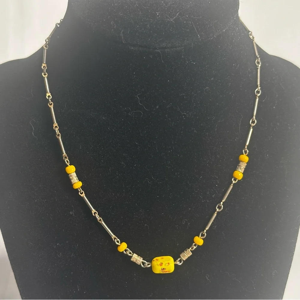 Yellow Glass Beads & Gold Tone Link Choker Necklace Boho Chic Feminine Delicate